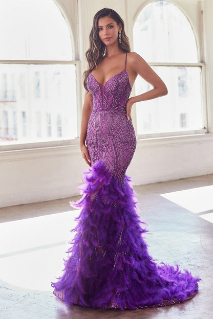 Feather Mermaid Gown with Beaded Corset Bodice