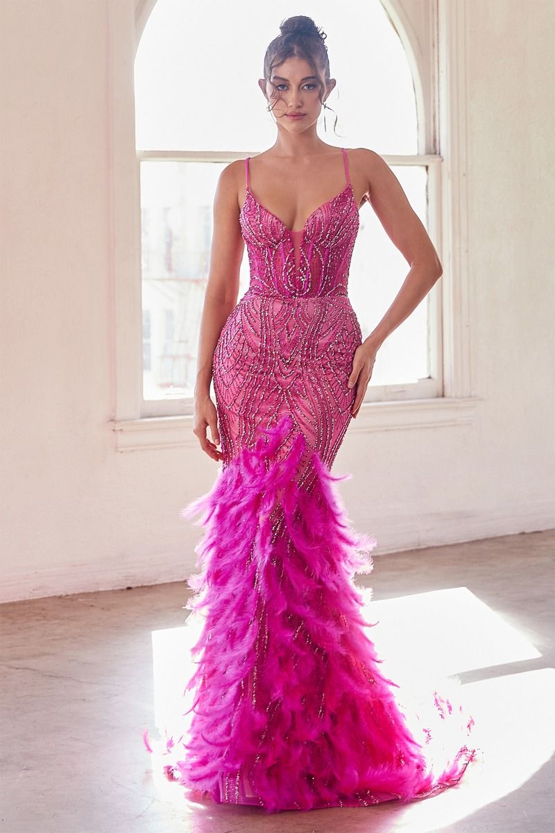 Feather Mermaid Gown with Beaded Corset Bodice