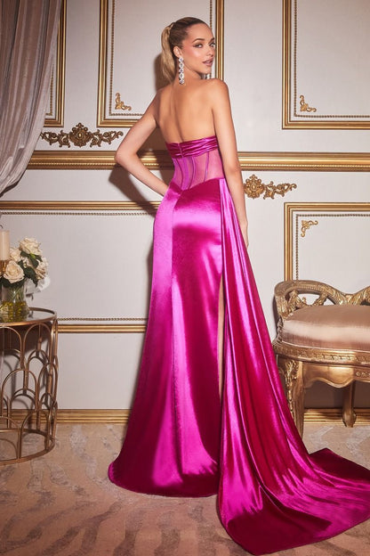 Plunging Corset Satin Gown with Crystal Beaded Bust