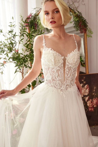 Floral Lace V-Neck Bridal Ball Gown with Tulle Skirt