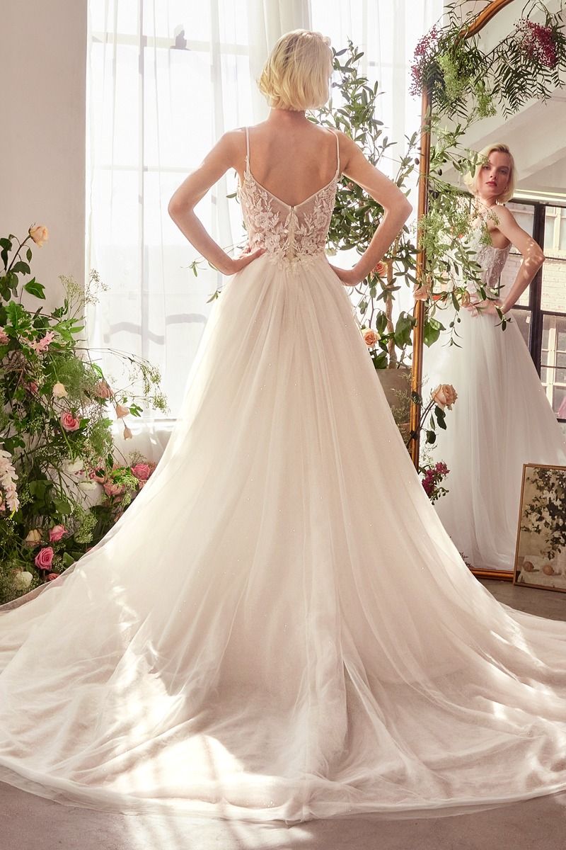 Floral Lace V-Neck Bridal Ball Gown with Tulle Skirt