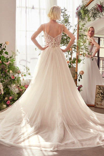 Floral Lace V-Neck Bridal Ball Gown with Tulle Skirt