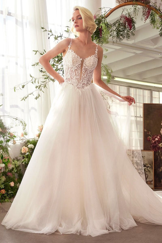 Floral Lace V-Neck Bridal Ball Gown with Tulle Skirt